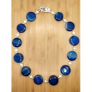 Blue Banded Agate & Freshwater Pearl Necklace - 21" length